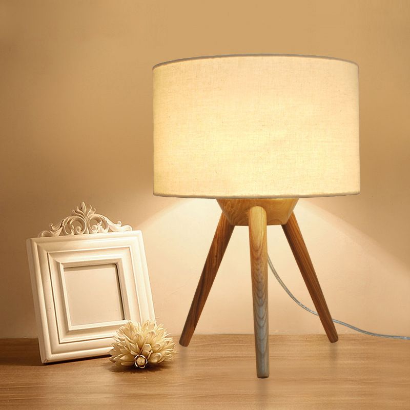 Drum Shade Tripod Night Lamp Novelty Minimalist Fabric Single Bedroom Table Light in Wood