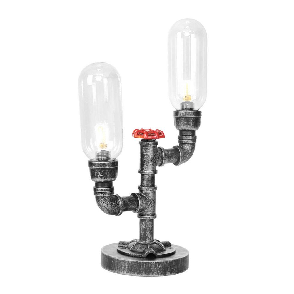 Lámpara de escritorio industrial de 2 luces con pantalla de cápsula de luz de mesa plateada antigua de vidrio transparente/ámbar para sala de estar