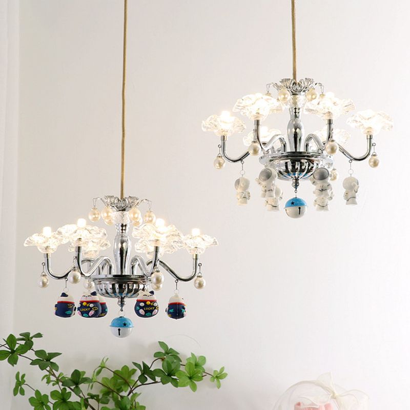 Clear Glass Chandelier Modern 6-Light Silver Suspension Light for Bedroom