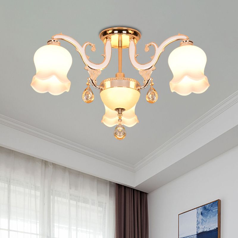 Bloom Dining Room Plafond Light Simplicity Cream Glass 4 têtes Gold Crystal Semi Flush