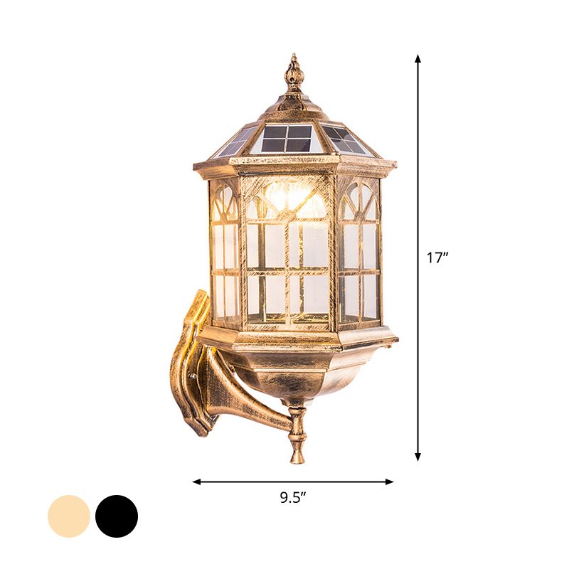 Clear Glass Black/Brass Solar Wall Lighting Faceted Traditional LED Lantern Wall Sconce for Outdoor