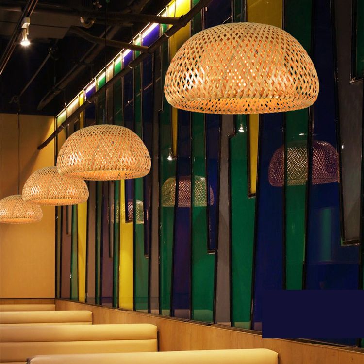 Asian Weaving Style Curved Drum Pendant Lighting Fixtures Rattan 1 Light Suspension Pendant