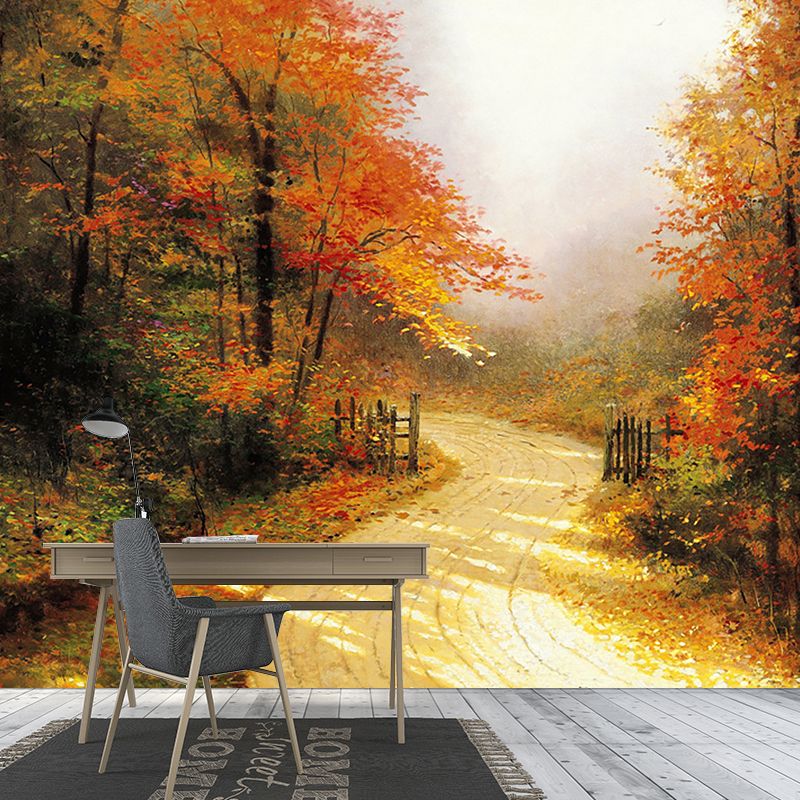 Large Autumn Lane Mural Wallpaper Stain-Resistant Classical Corridor Wall Art. Orange-Yellow