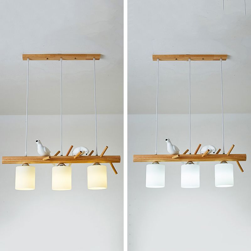 Modern Island Light Wooden Island Hanging Light with Glass Shade for Living Room
