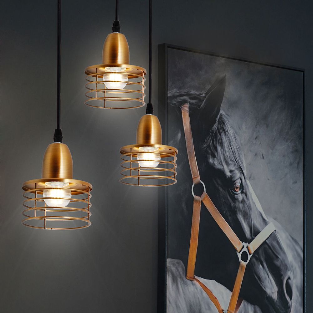 1 iluminación de colgante de tambor ligero con tono de jaula de alambre industrial retro negro/colgante de techo de metal de bronce para cocina
