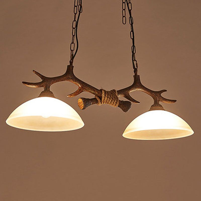 Verre Beige Dark Coffee Pendant Light Dome 2 Heads Restaurant Hanging Island Light With Antler Decor