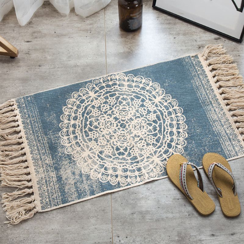 Blue Boheems RUG COTTONA AMERICANA PATRIJD Tapijt Fringe binnen Teken voor slaapkamer