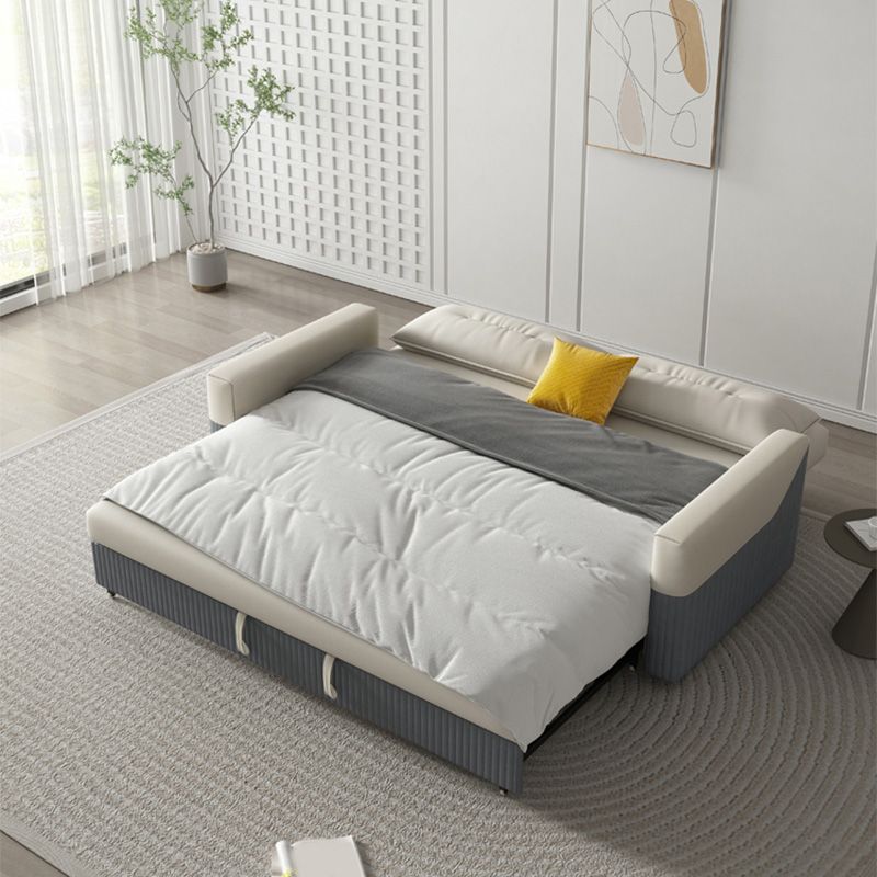 Grey and White Convertible Leather Sofa Square Arm Sofa Bed with Wooden Frame