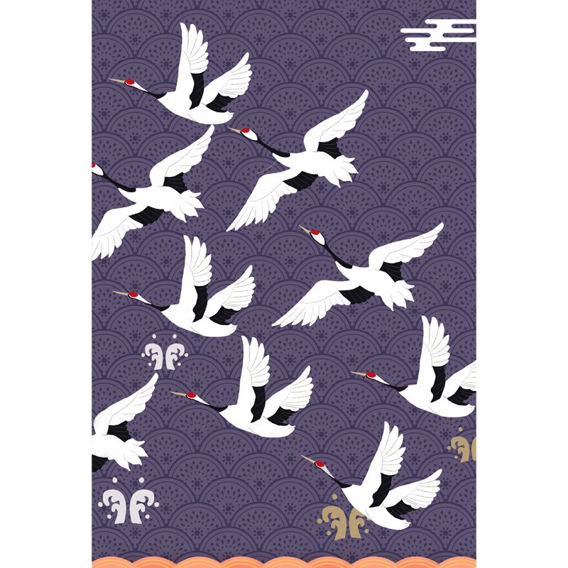 Large Chinoiserie Wallpaper Mural White Flocks of Red-Crown Crane Wall Art on Purple