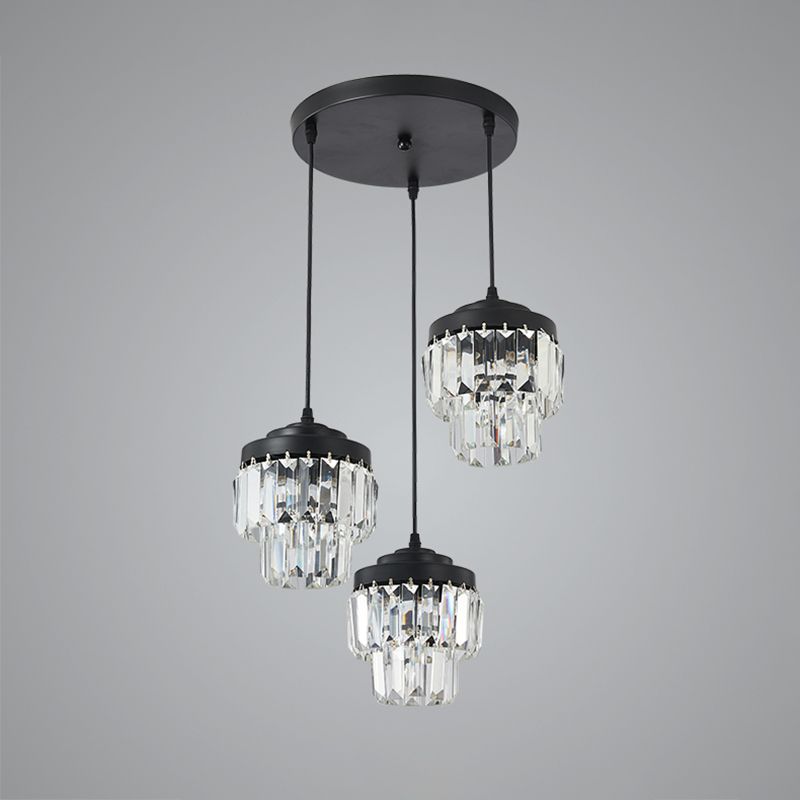 3 Heads 2-Tier Cluster Pendant Modern Black Clear Crystal Prism Hanging Lamp with Round/Linear Canopy