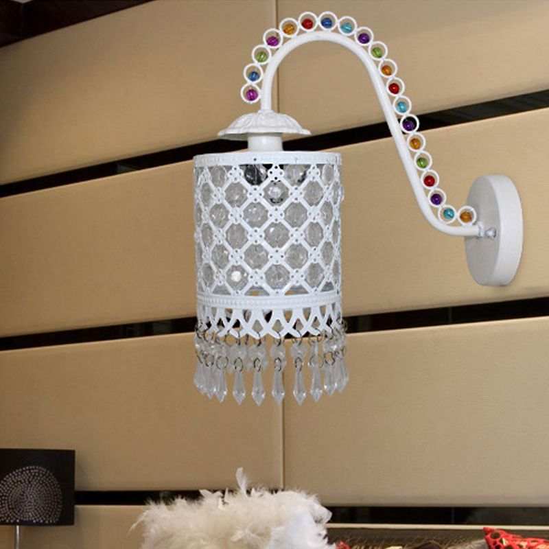 Iron White/Red Wall Sconce Cylinder 1 Head Bohemia Wall Mount Light with Beaded Fringe and Gooseneck Arm