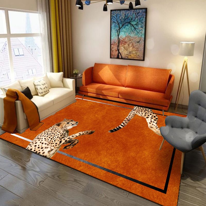 Orange Tone Modern Indoor Rug Polyester Vintage Leopard Print Carpet Easy Care Rug for Home Decoration