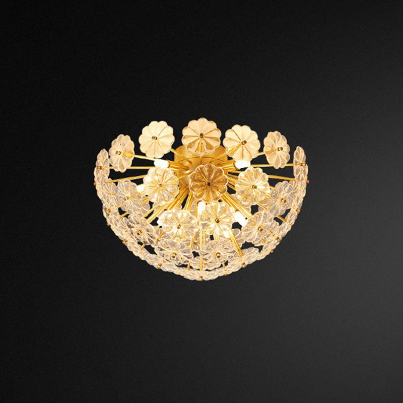 Dome Shaped Flush Mount Modern Crystal Flower Living Room Flushmount Ceiling Light in Brass