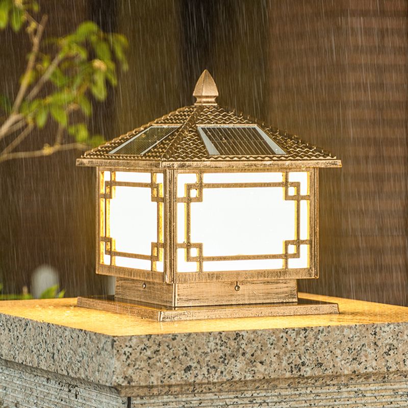 Square Shape Solar Pillar Lamp Contemporary Metal Outdoor Waterproof Light
