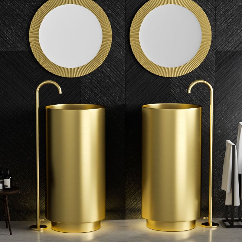Modern Bathroom Sink Metal Round with Pop-Up Drain Pedestal Sink