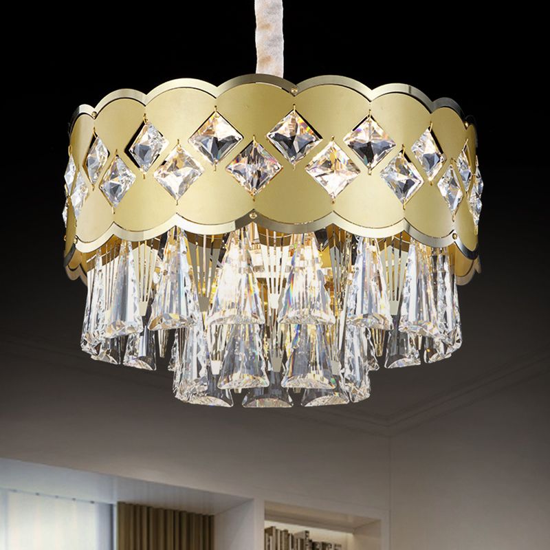 Gold Finish Drum Kroonluchter Modern Clear Crystal Drops 9 Heads Great Room Pendant Lighting, 19,5 "/23.5" Breedte