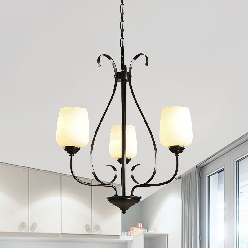 Crème glazen tulpen kroonluchter lamp vintage 3/6/8 bollen eetkamer hanger in zwart met regendruppel kooi
