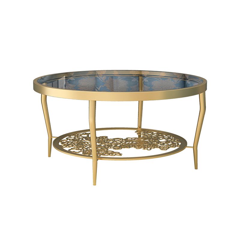 Contemporary Round Glass Top Coffee Table with Iron 4 Legs and Shelf