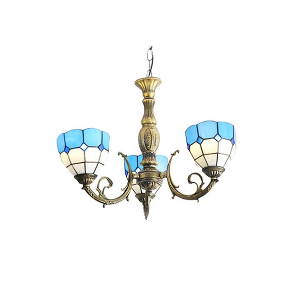 Blue Bowl Shade Chandelier Lights Tiffany Stained Glass 3-Light Chandelier Light Fixture in Blue