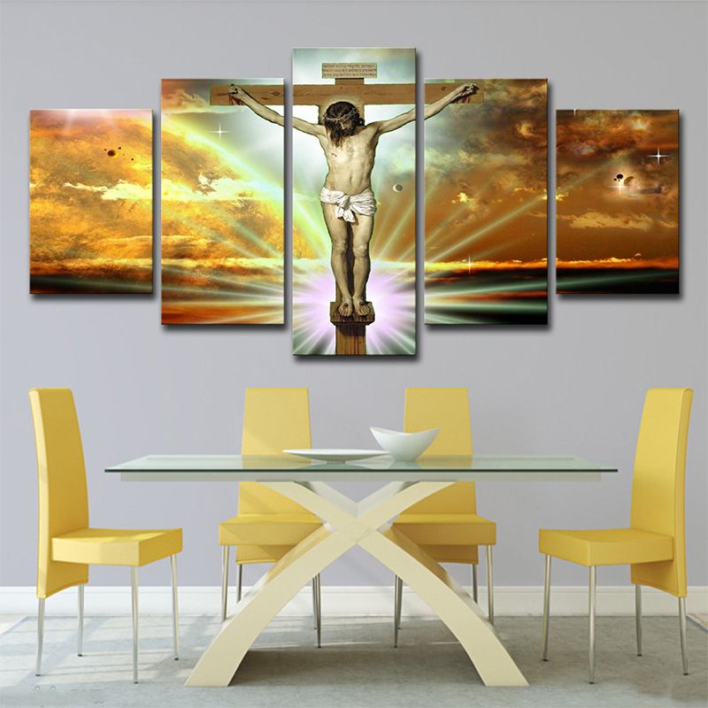 Global Inspired Religion Wall Art Yellow Jesus on the Cross with Sunlight Background Canvas