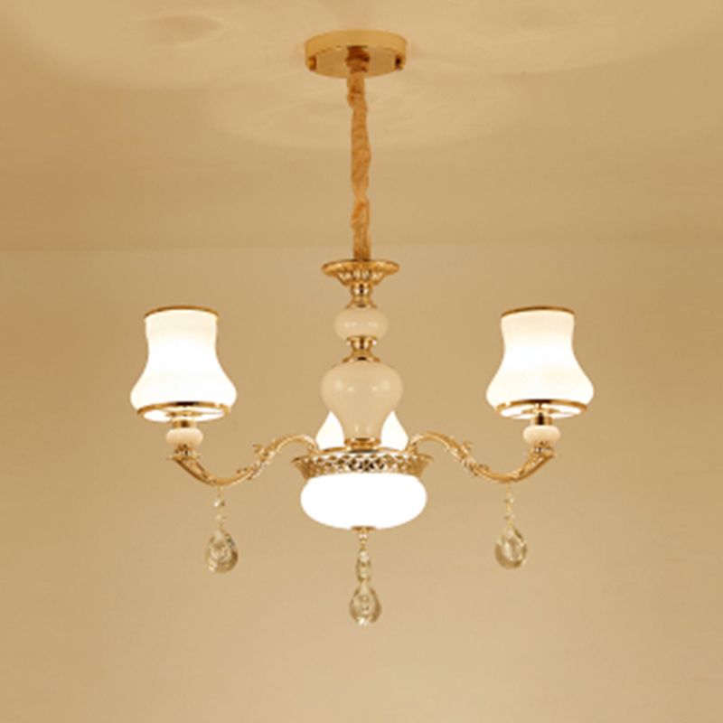 Klassieke Bud Chandelier Lighting White Glass Hanglamp met kristalafgraden voor woonkamer