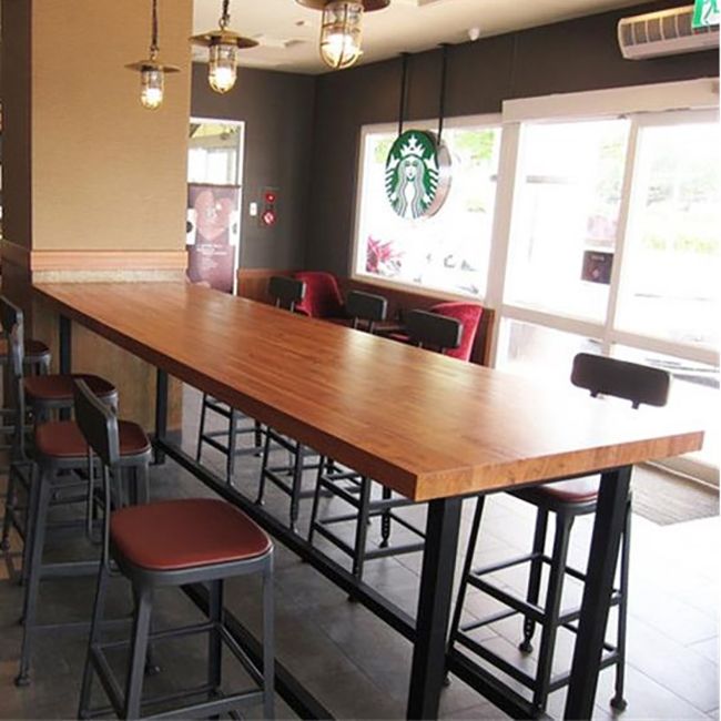 Modern Style Brown Bar Table Solid Wood and Iron with Footrest Coffee Shop Bar Table