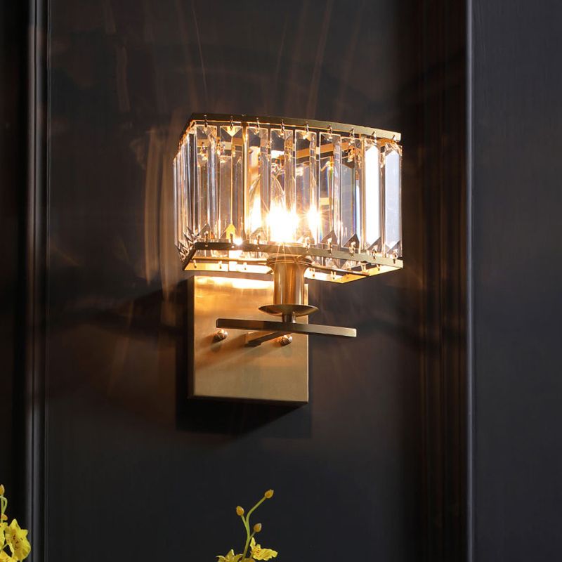 Gold Rectangular Wall Sconce in Modern Luxury Style Copper Wall Lamp with Crystal Shade