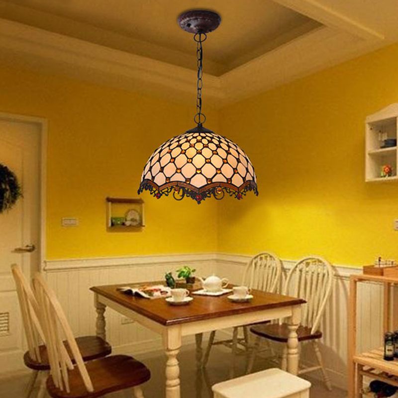 Beige Stained Glass Ceiling Lamp Scalloped 1 Light Mediterranean Suspension Pendant Light for Kitchen