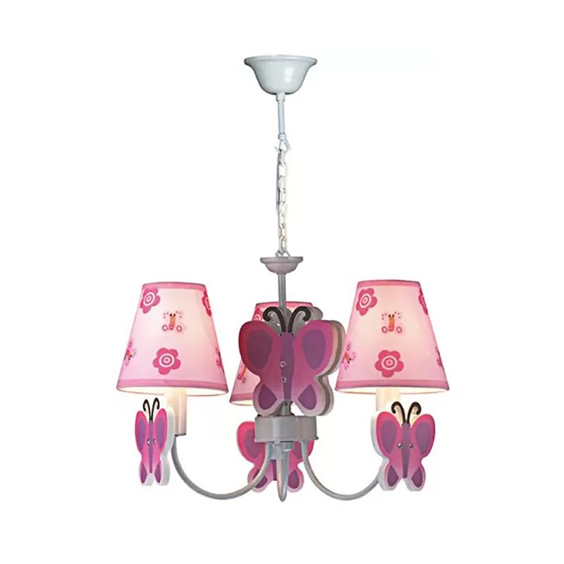 Pink Chandelier for Girls Room, Adjustable Hanging Lamp with Tapered Plastic Shade and Butterfly Modern Style