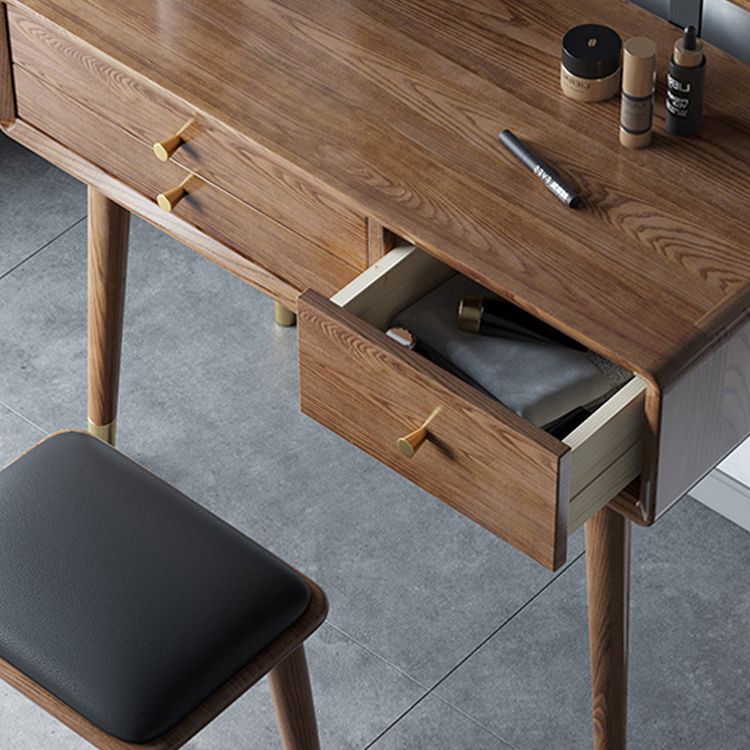 3 Drawers Mirrored Makeup Table Solid Wood Vanity Desk Stool Set