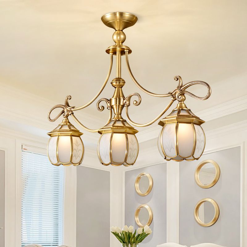 Colonialist Lantern Island Light Fixture 3-Light Ivory Glass Suspension Pendant in Gold for Dining Room