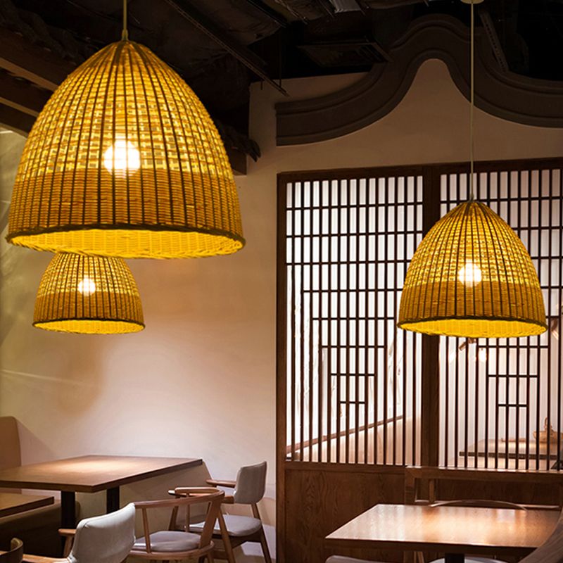 Asian Cloche Pendant Ceiling Light Bamboo 1-Light Dining Room Hanging Lamp in Beige
