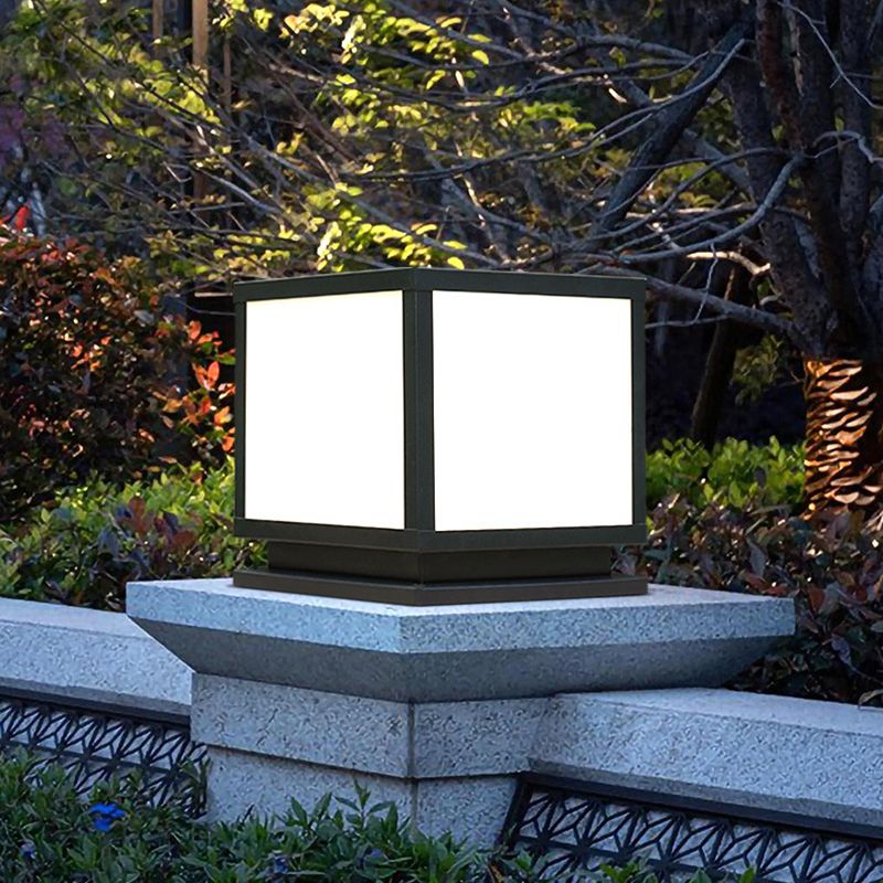 Square Shape Metal Solar Pillar Lamp Modern 1 Light Outdoor Waterproof Light in Black