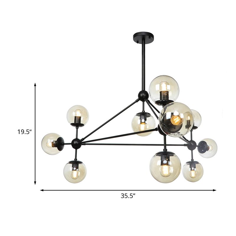 Black Triangle Frame Chandelier Modern 10 Heads Metal Pendant Light Fixture with Globe Cognac Glass Shade