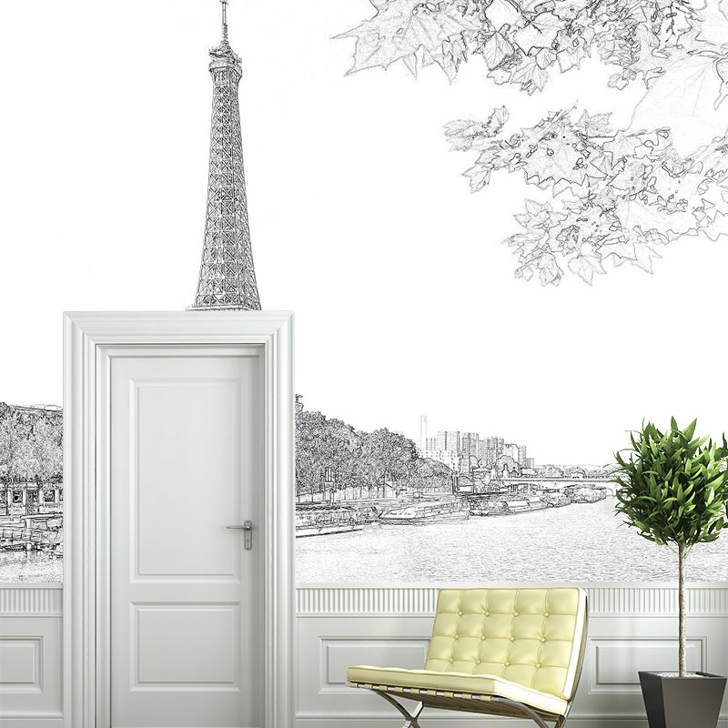 Modern Eiffel Tower Wallpaper Murals Black-White River Seine Scene Wall Art for Decoration