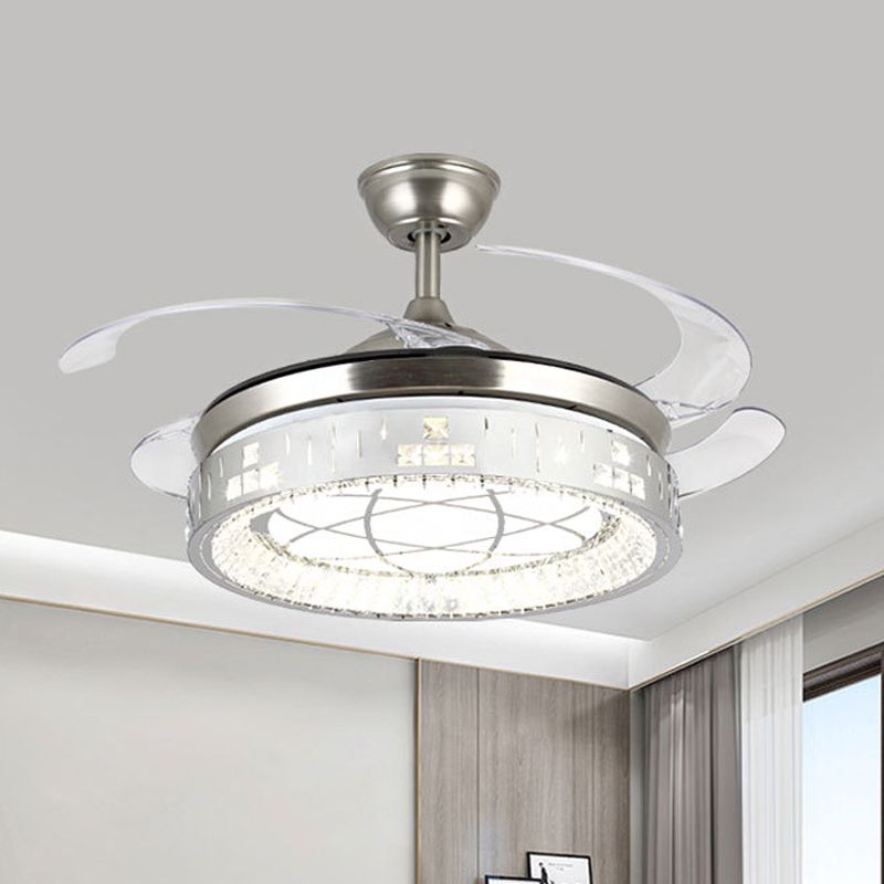 Kreisförmiger Anhänger Lüfter Licht modernes Kristall Rechteck 19 "W LED -Salon Semi Flush Lampe in Nickel mit 4 Klingen