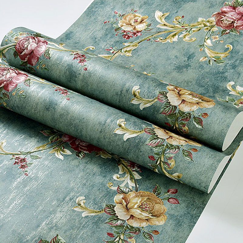 33' x 20.5" Flowers Wallpaper for Guest Room Decoration Leaves Wall Covering in Dark Green, Moisture-Resistant