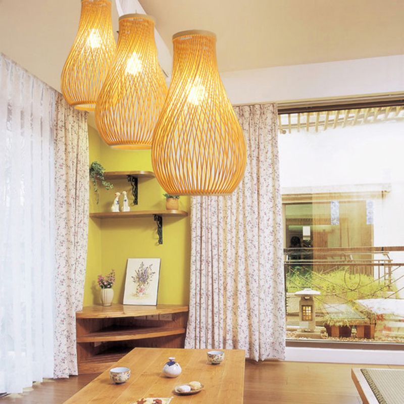 Pear Shaded Tea Room Suspension Light Bamboo 1-Light Simplicity Pendant Light Fixture