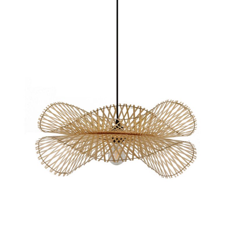 Lotus Leaf Restaurant Ceiling Light Bamboo 1 Bulb Asian Style Hanging Light Fixture in Wood