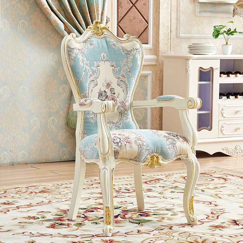 European Style Birch Cotton Arm Chair Light Color Solid Back Dining Chair with White Legs