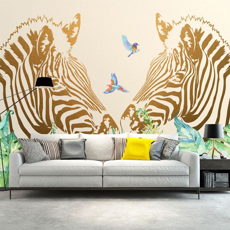 Modern Twin Zebras Murals Wallpaper Yellow-Green Waterproof Wall Art for Bedroom