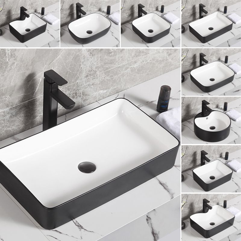 Contemporary Bathroom Sink Porcelain Pop-Up Drain Rectangular Vessel Bathroom Sink