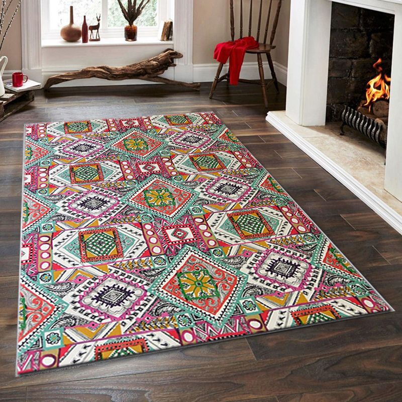 Tribal Print Indoor Rug Rectangle Moroccan Polyster Non-Slip Backing Living Room