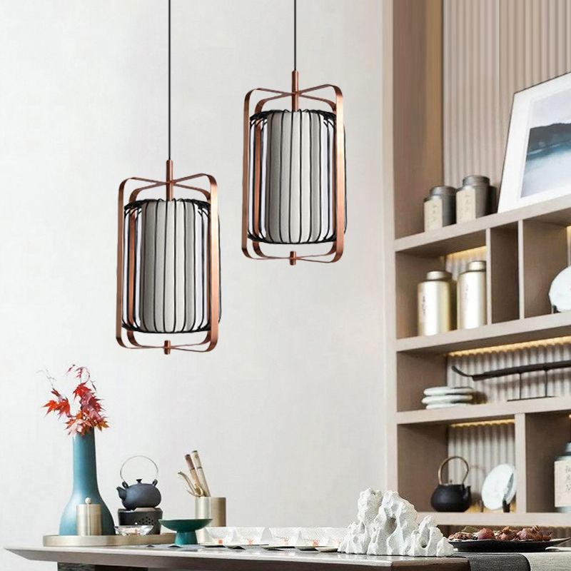 Rectangle Cadre Pendre Modernisme Métal 1 lampe de suspension en or rose clair avec cylindre Cage noire et ombre en tissu blanc
