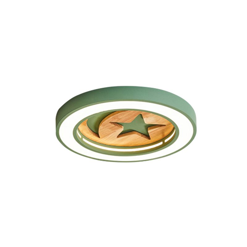 Baby Room Circulaire Flushmount Light with Star & Moon Wooden Nordic LED Ceiling Light