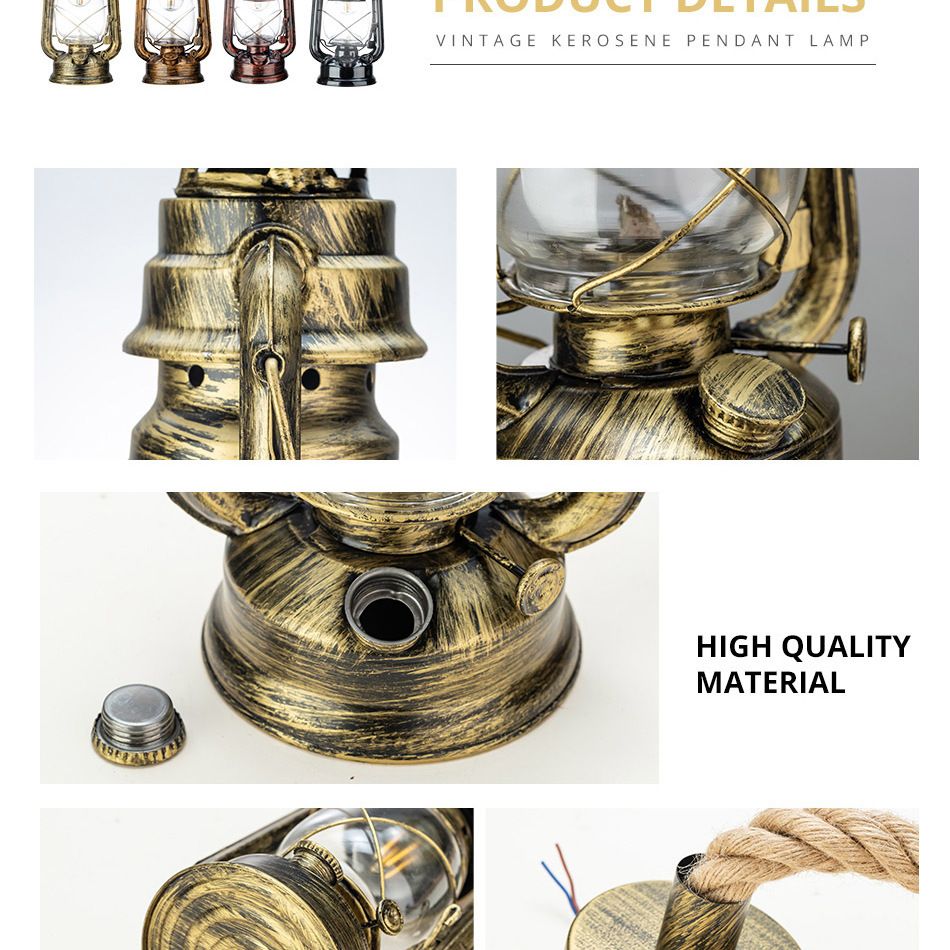 Transparent Glass Kerosene Lantern Ceiling Lamp Nautical 1 Head Bedside Pendant with Hemp Rope