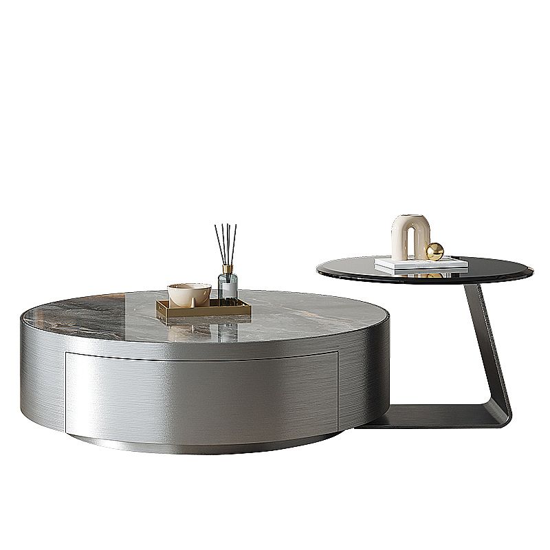 Drum Base Design Cocktail Table Rock Plate/tempered Glass Desktop Coffee Table