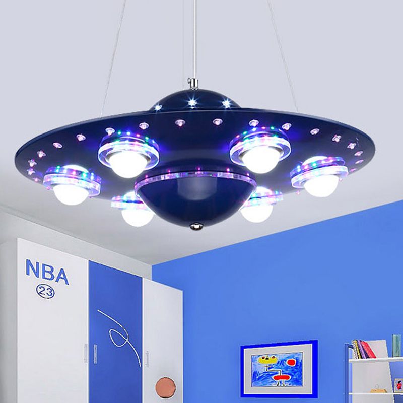 Modern Style Blue Chandelier UFO Six Lights Metal Pendant Lamp for Child Bedroom