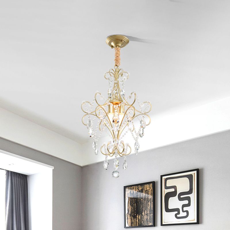 3 Lights Beaded Chandelier Lighting Country Gold Finish Crystal Pendant Light Kit with Scrollwork Design