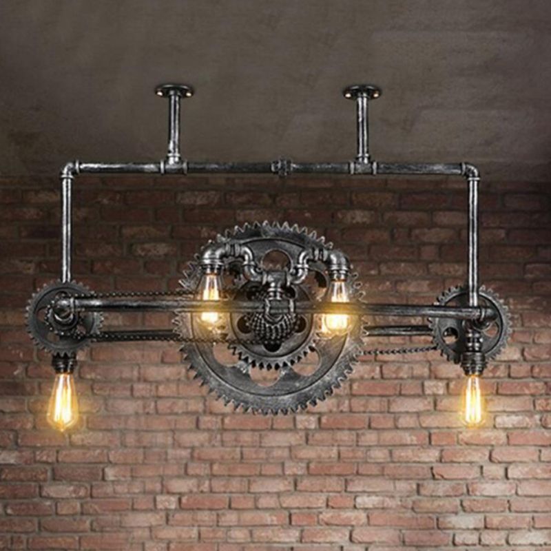 Silver Gray Open Island Light Fixture Coastal Metal 6-Light Dining Room Hanging Lamp with Gear Design